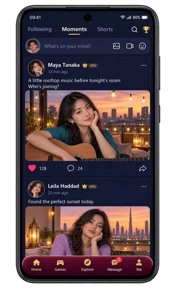 Illustration of the Vozzo Moments feed with a photo post, likes and comments