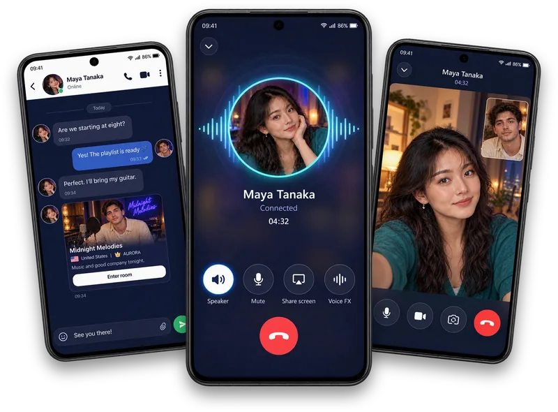 Three Vozzo screens shown as illustrations: a message thread, a video call and an audio call