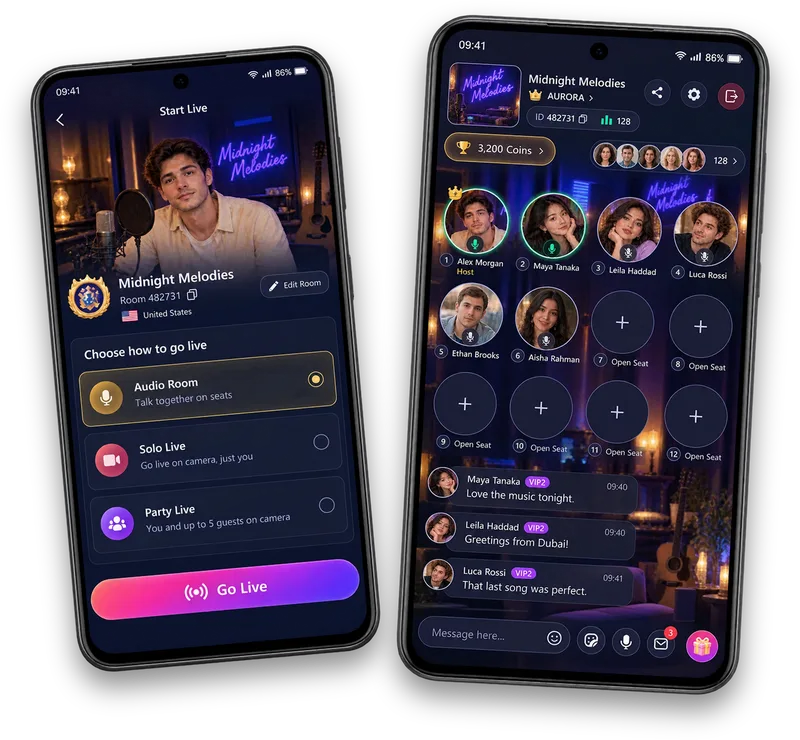 Two Vozzo screens shown as illustrations: Go Live setup and an Audio Room