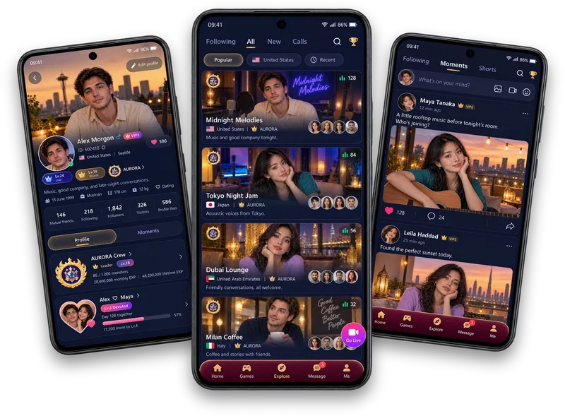 Three Vozzo app screens: a profile, the live rooms list and a Moments feed, shown as illustrations